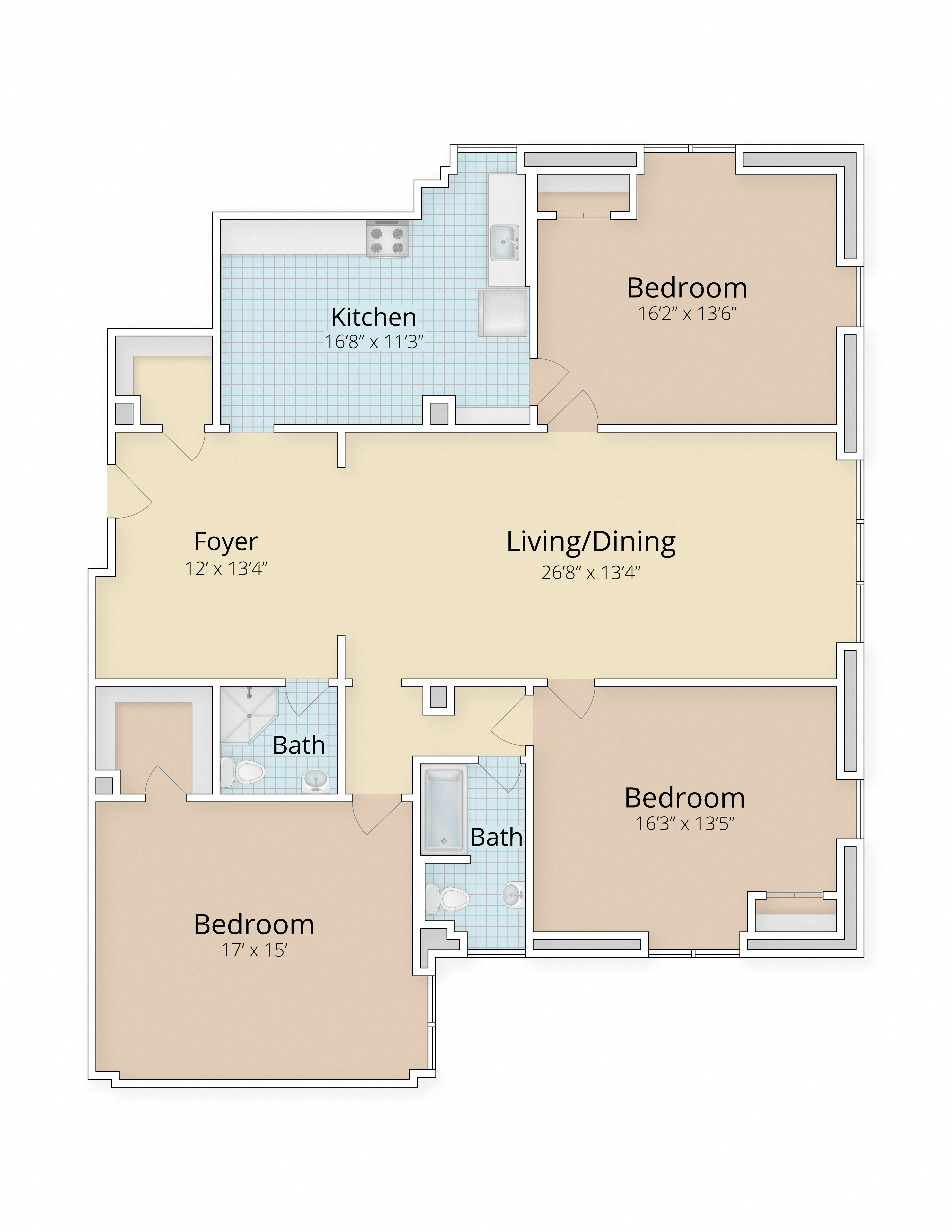 three bedroom 1 and half bath floor plan at Cathedral Mansions, Washington, 20008